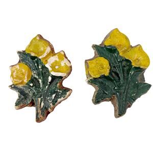 vintage pair Plaster of Paris wall floral art Yellow Flowers green leaves